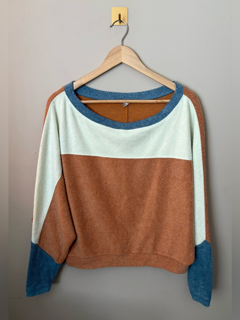 XS Free People Orange Blue Oversized Colorblock Blue Monday Fleece Pullover